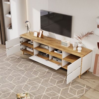 Meuble TV avec Rangements - Style Maison de Campagne pour Salon Moderne et Rustique, Bois Clair et Blanc, 175x37x51 cm