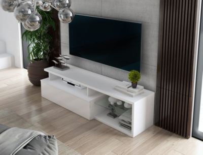 Meuble TV Baltico, Buffet de salon, Armoire basse pour TV, Base murale de rangement, 160x38h41 cm, Blanc et Blanc brillant