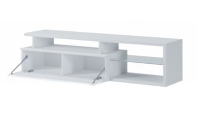 Meuble TV Baltico, Buffet de salon, Armoire basse pour TV, Base murale de rangement, 160x38h41 cm, Blanc et Blanc brillant