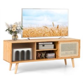 Meuble TV Bambou 4 Compartiments TV 55" Max Banc TV 4 Pieds Bois Massif 2 Portes Coulissantes en Rotin Verre Trempé 120,5x31x45,5