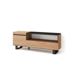 Meuble TV, Banc Télé, 150x35x57cm, Pour les TV jusqu'à 65', Design industriel, couleur Chêne et noir