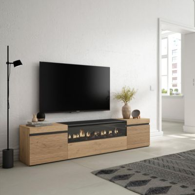 Meuble TV, Banc Télé, 200x35x45cm, Pour les TV jusqu'à 80', Cheminée électrique, couleur Chêne