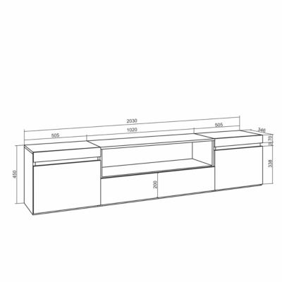 Meuble TV, Banc Télé, 200x35x45cm, Pour les TV jusqu'à 80', Cheminée électrique, couleur Chêne