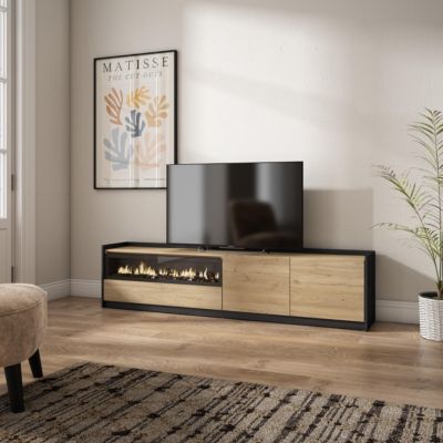 Meuble TV Avec Cheminée électrique LED - 310x50x37 Cm, Chêne Et Noir, Rangement Spacieux, Style Moderne
