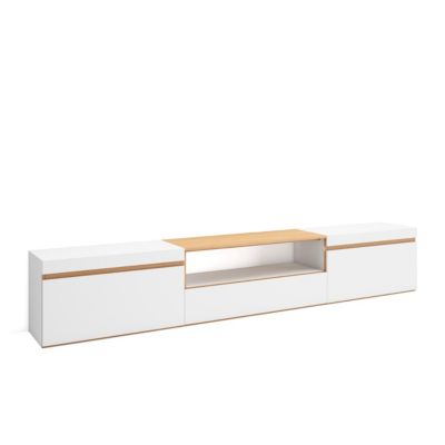 Meuble TV, Banc Télé, 260x35x45cm, TV grand format, Blanc et Chêne Soft
