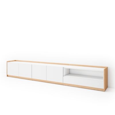 Meuble TV, Banc Télé, 310x50x37 cm, Pour les TV jusqu'à 80", Meubles de salon, Blanc et Chêne Soft