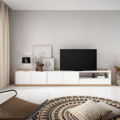 Meuble TV, Banc Télé, 310x50x37 cm, Pour les TV jusqu'à 80", Meubles de salon, Blanc et Chêne Soft