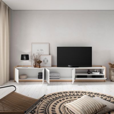 Meuble TV, Banc Télé, 310x50x37 cm, Pour les TV jusqu'à 80", Meubles de salon, Blanc et Chêne Soft