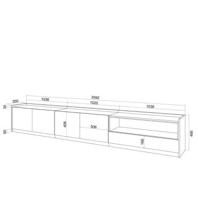 Meuble TV, Banc Télé, 310x50x37 cm, Pour les TV jusqu'à 80", Meubles de salon, Blanc et Chêne Soft