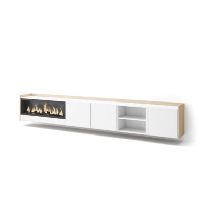 Meuble TV, Banc Télé, 315x50x35 cm, Cheminée électrique XXL, Suspendu, Mural, Blanc et Chêne Soft