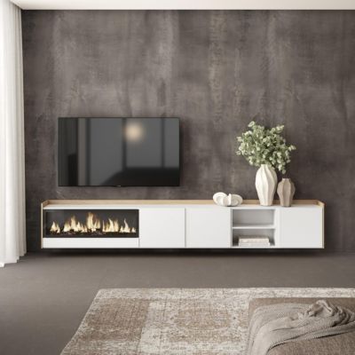 Meuble TV, Banc Télé, 315x50x35 cm, Cheminée électrique XXL, Suspendu, Mural, Blanc et Chêne Soft