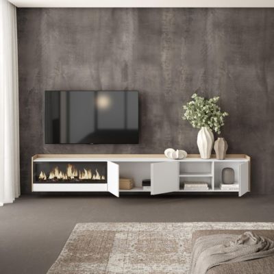 Meuble TV, Banc Télé, 315x50x35 cm, Cheminée électrique XXL, Suspendu, Mural, Blanc et Chêne Soft