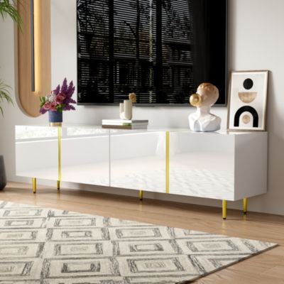Meuble TV Bas 4 Portes avec Finition Laquée - Rangement de Salon en MDF avec Charnières Soft Close - Blanc Brillant - 170x35x46 cm