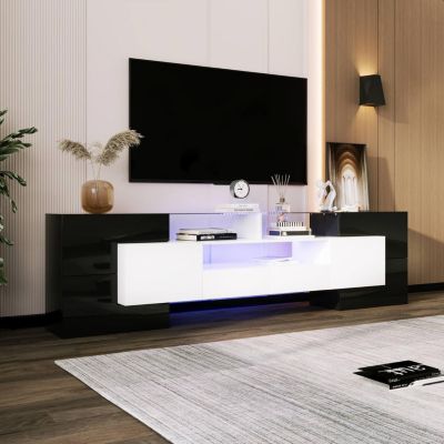Meuble TV bas avec LED, commode moderne noir et blanc, surface en verre, design élégant