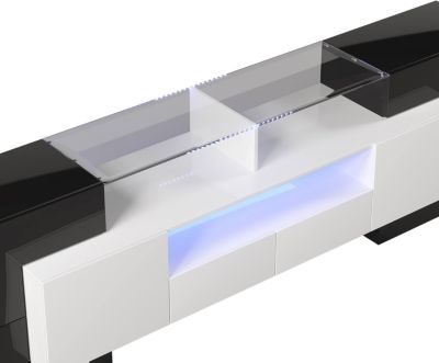 Meuble TV bas avec LED, commode moderne noir et blanc, surface en verre, design élégant