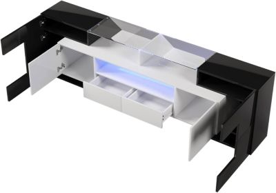 Meuble TV bas avec LED, commode moderne noir et blanc, surface en verre, design élégant