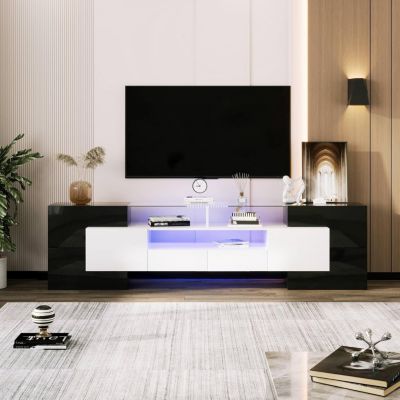 Meuble TV bas avec LED, commode moderne noir et blanc, surface en verre, design élégant