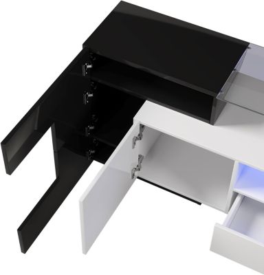 Meuble TV bas avec LED, commode moderne noir et blanc, surface en verre, design élégant