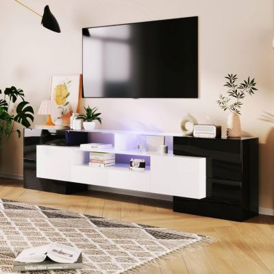 Meuble TV bas avec LED, commode moderne noir et blanc, surface en verre, design élégant