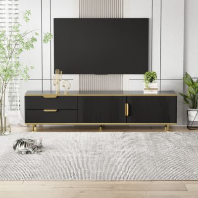 Meuble TV 160 Cm Noir Avec Portes Structurées - 4 Portes, étagères Intégrées - Pieds Et Poignées Dorés - Design Moderne - 11