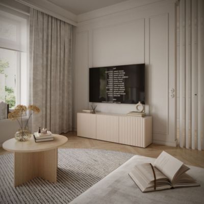 Meuble TV bas beige cachemire avec façades à lamelles rainurées 3 portes 150 cm SUNDS