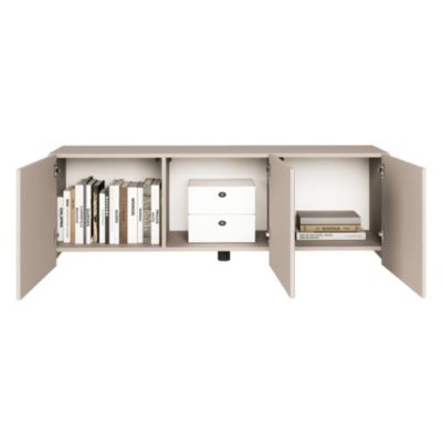 Meuble TV bas beige cachemire avec façades à lamelles rainurées 3 portes 150 cm SUNDS