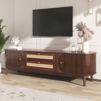 Meuble TV Bas en Bois Naturel avec Portes Coulissantes et Tiroirs - Style Rustique et Détails en Rotin - 170x39,5x46 cm - Marron
