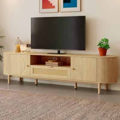 Meuble TV Bas Moderne, Design Rotin avec Tiroirs et Niches, Pieds Métal Bois en MDF - 175x36x51 cm, Naturel