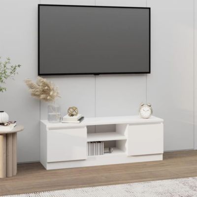 Meuble TV Blanc avec 2 Portes et Etagères Elégant Dimensions Compactes de 102x30x36 cm Simple