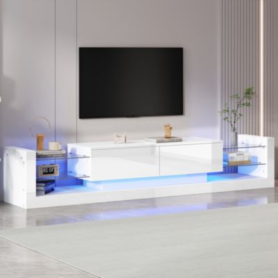 Meuble TV Blanc Brillant 181 cm avec 2 Tiroirs Rabattables, Éclairage LED, Façade en Verre, Panneau de Particules