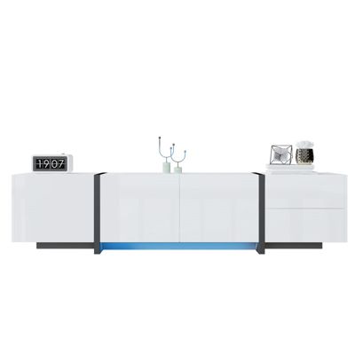 Meuble TV Blanc Brillant Avec Pieds Noirs - Portes Et Tiroirs Épurés - Lowboard Design
