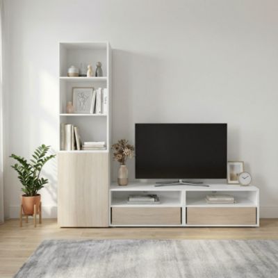 Meuble TV blanc et effet chêne 1 porte 2 tiroirs GoodHome Atomia H. 187,5 x L. 200 x P. 47 cm
