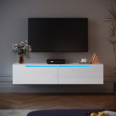 Meuble TV Blanc LED SIRHONA  H35xL140xP30cm  avec 2 Portes - Grande Capacité de Rangement