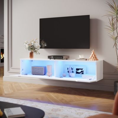 Meuble TV Blanc LED SIRHONA  H35xL140xP30cm  avec 2 Portes - Grande Capacité de Rangement