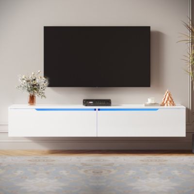 Meuble TV Blanc LED SIRHONA  H35xL180xP30cm avec 2 Portes - Grande Capacité de Rangement