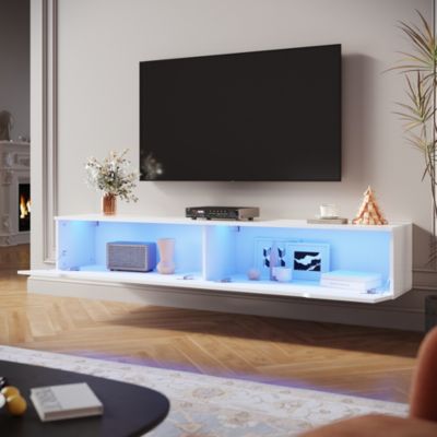 Meuble TV Blanc LED SIRHONA  H35xL180xP30cm avec 2 Portes - Grande Capacité de Rangement