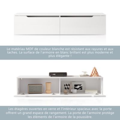 Meuble TV Blanc LED SIRHONA  H35xL180xP30cm avec 2 Portes - Grande Capacité de Rangement