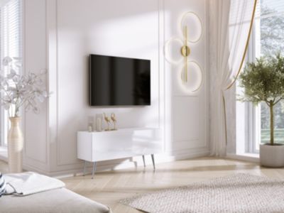 Meuble TV : Blanc Mat/Blanc Brillant, Pieds Chromés, 100 x 52 x 32 cm
