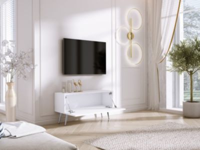 Meuble TV : Blanc Mat/Blanc Brillant, Pieds Chromés, 100 x 52 x 32 cm
