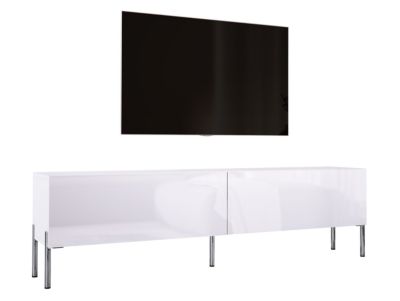 Meuble TV : Blanc Mat / Blanc Brillant, Pieds Chrome, 170 X 52 X 32 Cm