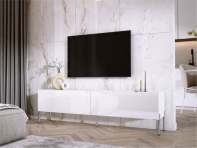 Meuble TV : Blanc Mat / Blanc Brillant, Pieds Chrome, 170 X 52 X 32 Cm