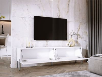Meuble TV : Blanc Mat / Blanc Brillant, Pieds Chrome, 170 X 52 X 32 Cm