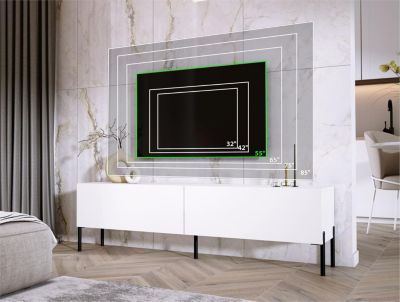 Meuble TV : Blanc Mat / Blanc Brillant, Pieds Chrome, 170 X 52 X 32 Cm