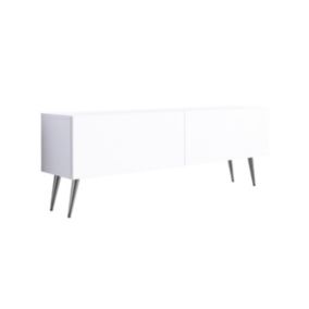 Meuble TV : Blanc Mat, Pieds Chromés, L: 140 Cm, H: 52 Cm, P: 32 Cm,