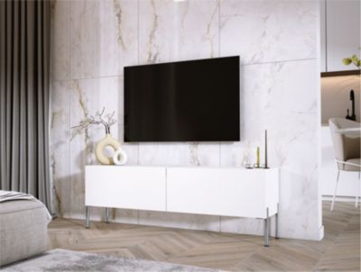 Meuble TV : Blanc Mat, Pieds Chrome, 140 X 52 X 32 Cm