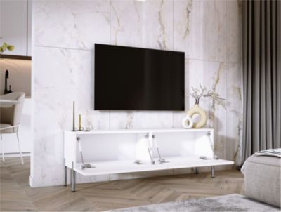 Meuble TV : Blanc Mat, Pieds Chrome, 140 X 52 X 32 Cm