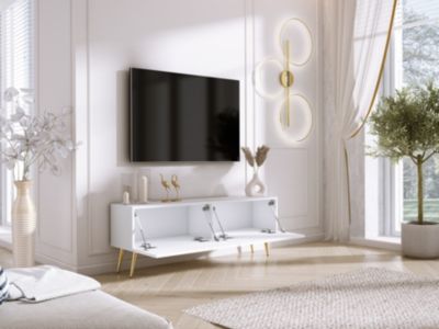 Meuble TV : Blanc Mat, Pieds Dorés, 140 x 52 x 32 cm