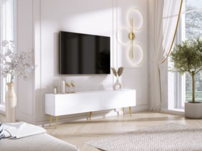 Meuble TV : Blanc Mat, Pieds Dorés, 170 X 52 X 32 Cm
