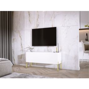 Meuble TV : Blanc Mat, Pieds Or, 100 x 52 x 32 cm