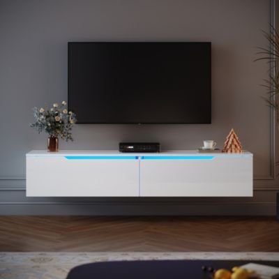 Meuble TV Blanc SIRHONA H35xL160xP30cm avec 2 portes - Grande capacité de rangement